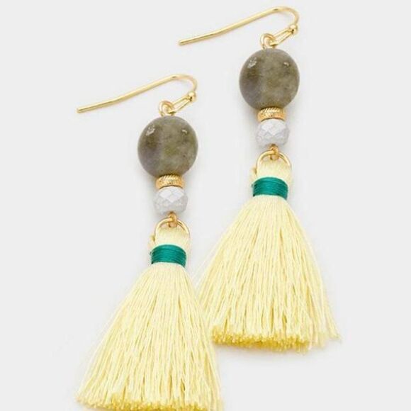 5/$25 Semi Precious Cream Yellow Tassel Earrings - Picture 3 of 6